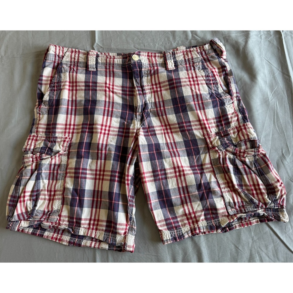 Ralph Lauren Polo Jeans Company Plaid Cargo Shorts Mens 38x10 Y2K Red White Blue
